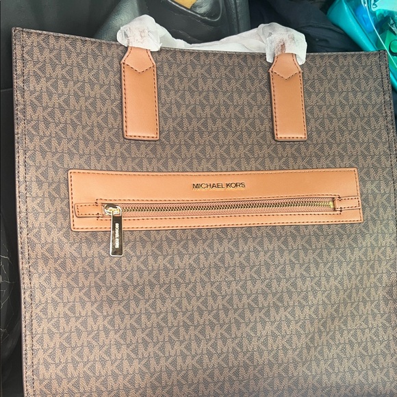 Michael Kors Handbags - Michael Kors Brown Monogram Tote with Tan Accents